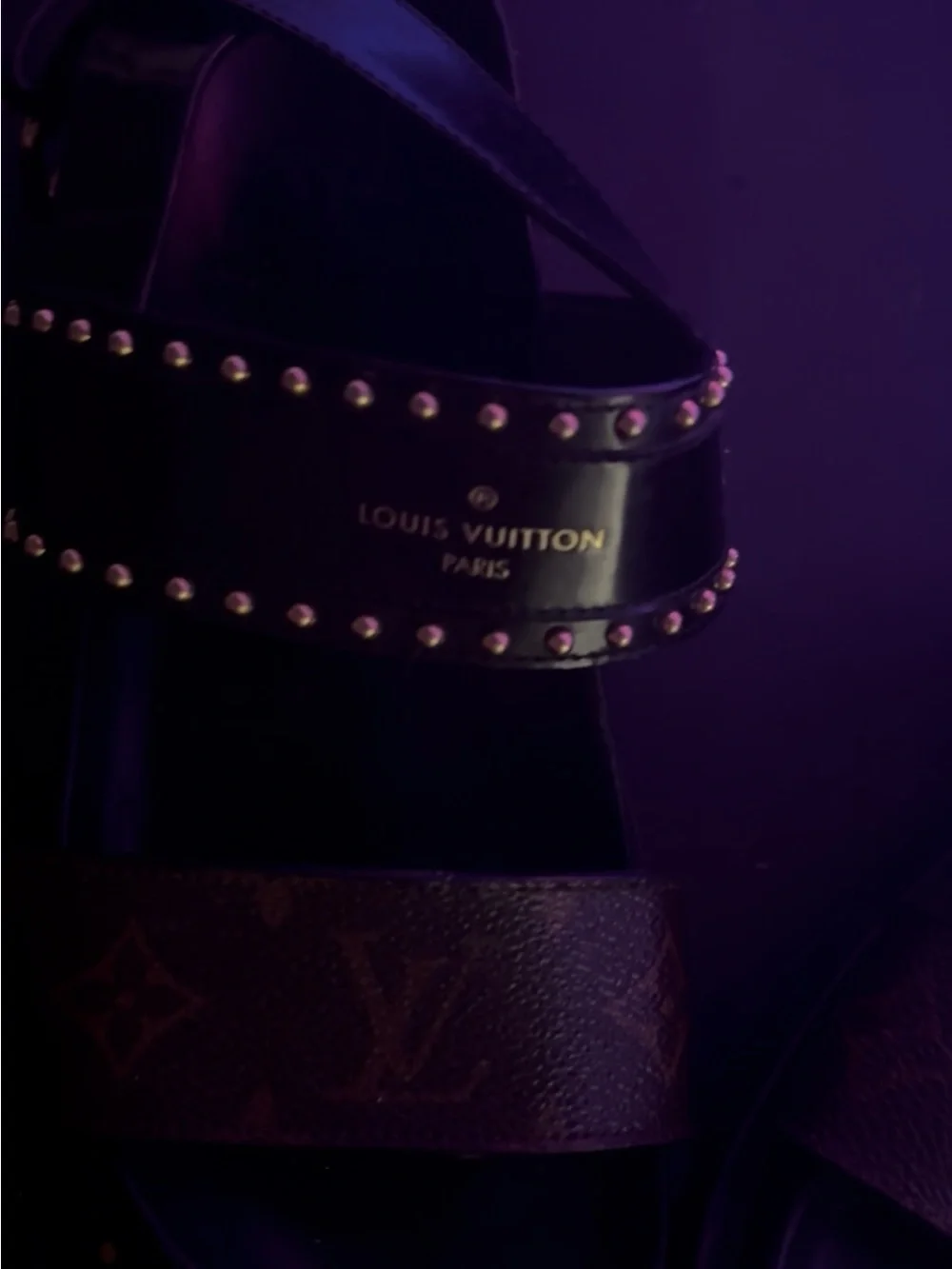 Louis Vuitton Black Leather Studded Slide Sandals